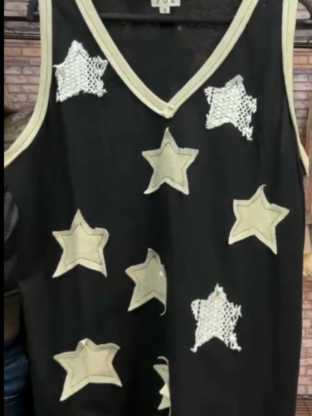 POL Black Tank Top with Cream Star Appliqués